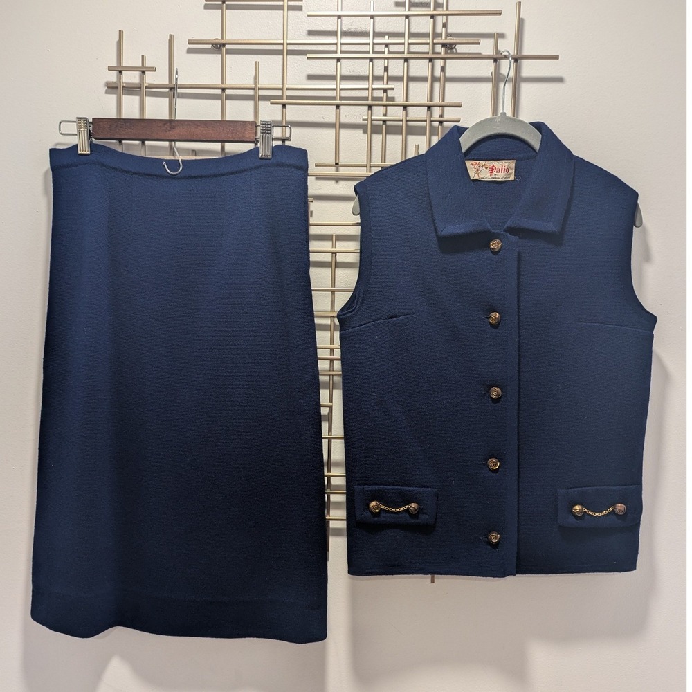VTG Palio Wool Vest Skirt Set Navy Blue Gold Buttons Made in‎ Italy Women's 12